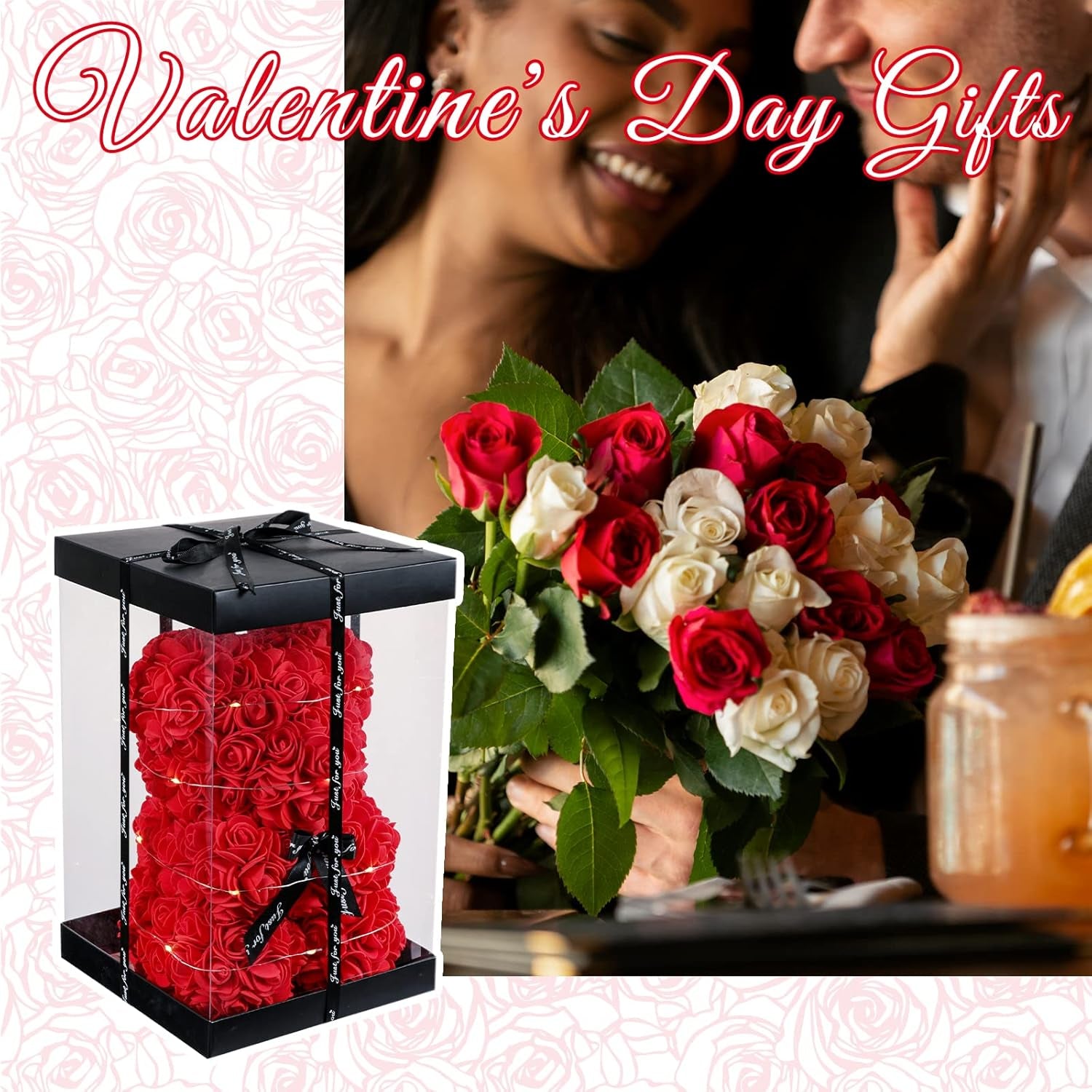 Red Rose Bear Gifts, Flower Bear Rose Teddy Bear with Box Lights Necklace Balloon Card, Cute Romantic I Love You Mothers Day Anniversary Birthday Gifts & Decorations