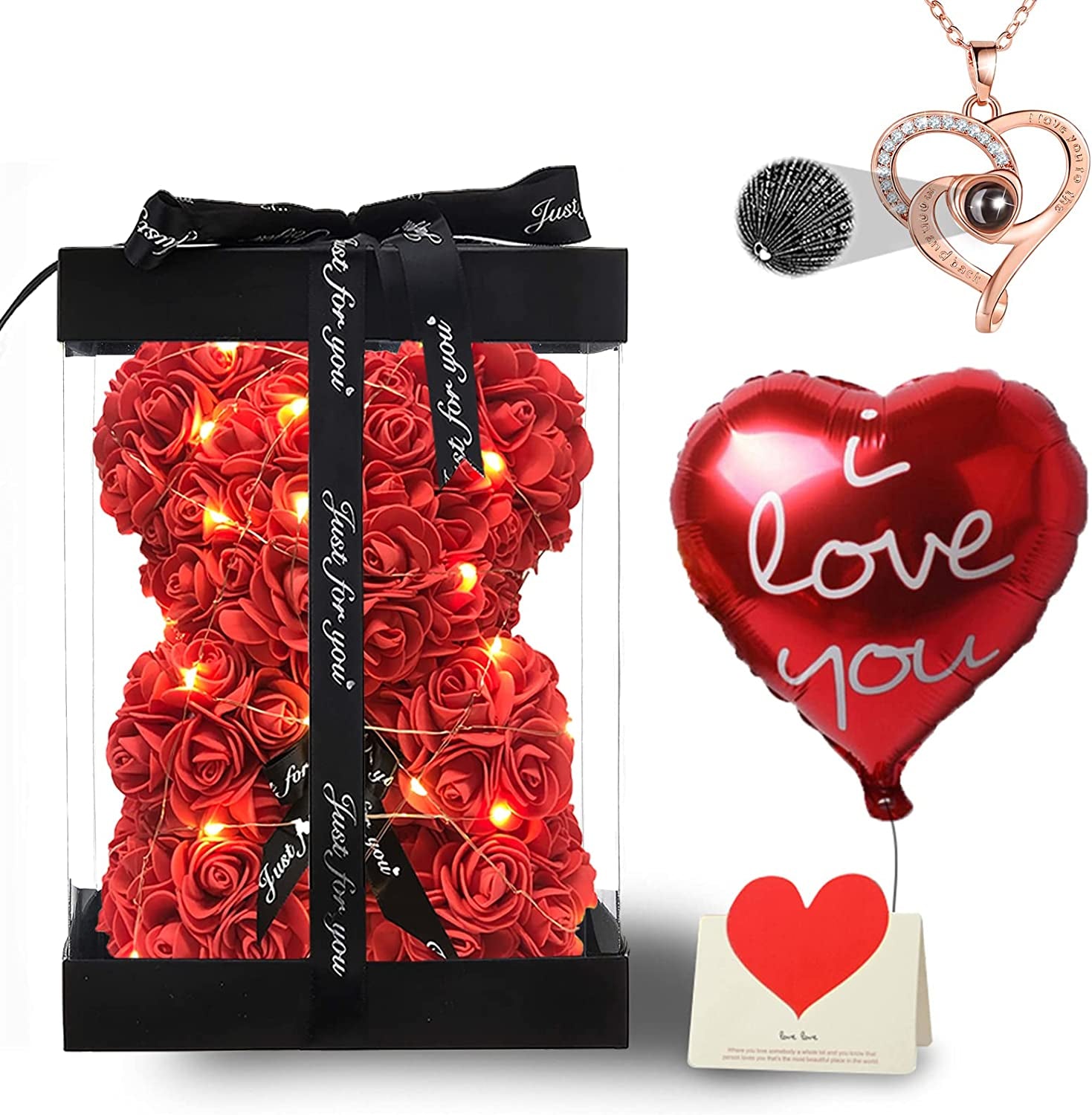 Red Rose Bear Gifts, Flower Bear Rose Teddy Bear with Box Lights Necklace Balloon Card, Cute Romantic I Love You Mothers Day Anniversary Birthday Gifts & Decorations