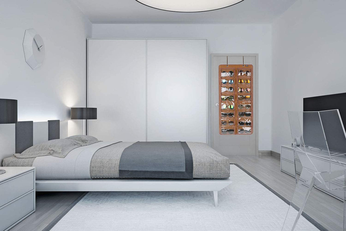 Sunglasses Organizer Storage, Hanging Dust Proof Wall Pocket Glasses Organizer - 16 Felt Slots Sunglass Organizers Holder with Metal Hook and Sturdy Rope (Brown, Dust Proof)