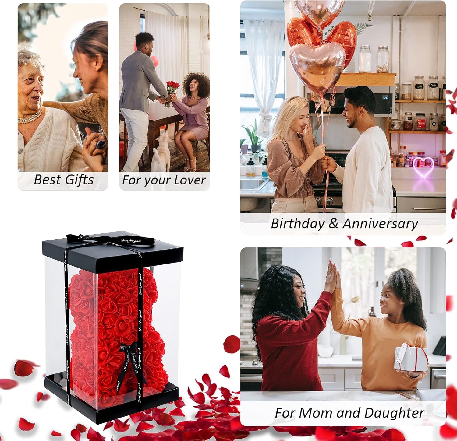 Red Rose Bear Gifts, Flower Bear Rose Teddy Bear with Box Lights Necklace Balloon Card, Cute Romantic I Love You Mothers Day Anniversary Birthday Gifts & Decorations