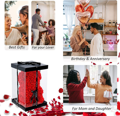 Red Rose Bear Gifts, Flower Bear Rose Teddy Bear with Box Lights Necklace Balloon Card, Cute Romantic I Love You Mothers Day Anniversary Birthday Gifts & Decorations