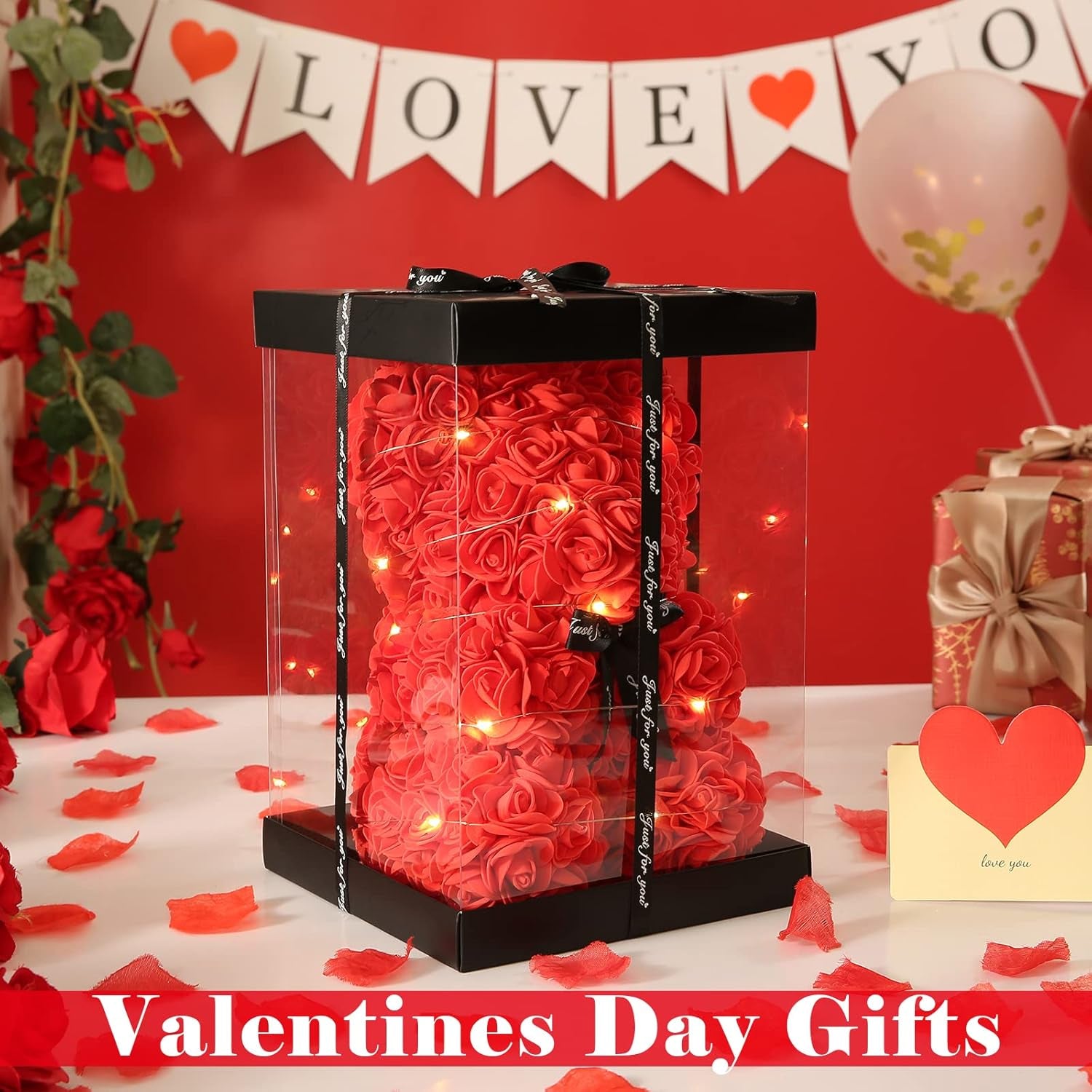 Red Rose Bear Gifts, Flower Bear Rose Teddy Bear with Box Lights Necklace Balloon Card, Cute Romantic I Love You Mothers Day Anniversary Birthday Gifts & Decorations