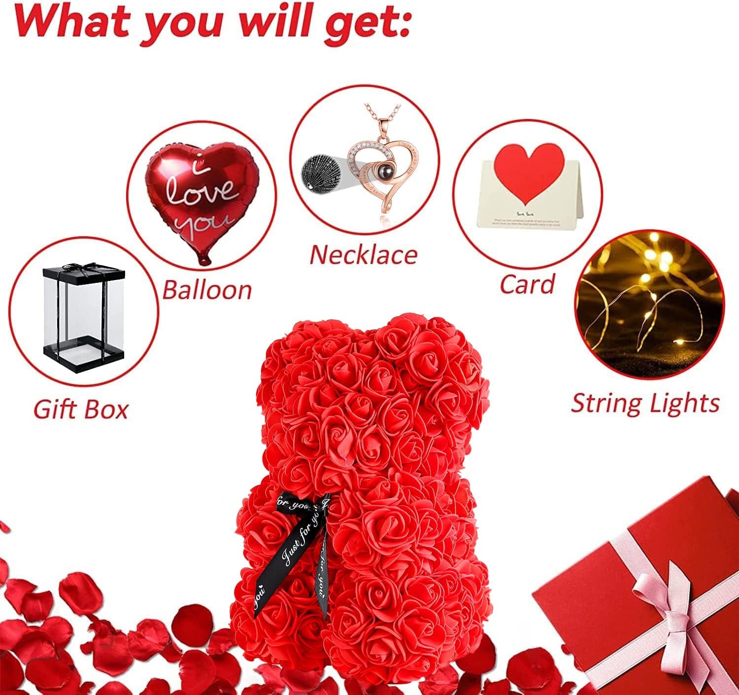 Red Rose Bear Gifts, Flower Bear Rose Teddy Bear with Box Lights Necklace Balloon Card, Cute Romantic I Love You Mothers Day Anniversary Birthday Gifts & Decorations