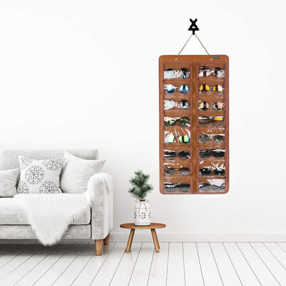 Sunglasses Organizer Storage, Hanging Dust Proof Wall Pocket Glasses Organizer - 16 Felt Slots Sunglass Organizers Holder with Metal Hook and Sturdy Rope (Brown, Dust Proof)